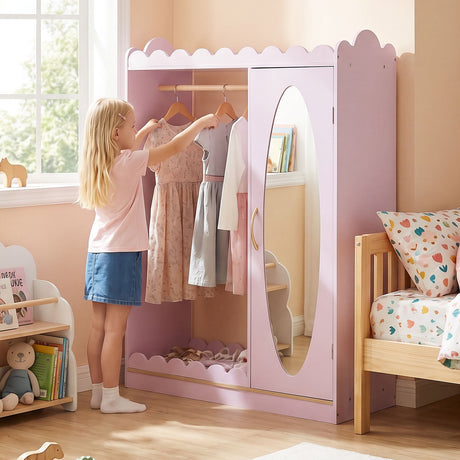 Kids Dress Up Storage Shelf with Full Mirror Hanging Rod and Door Cabinet