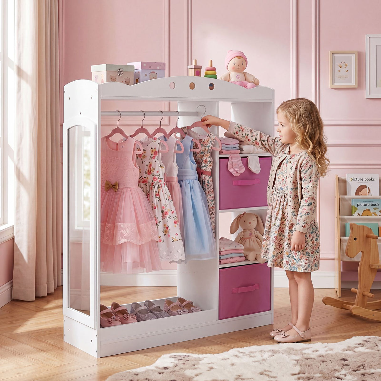 Kids Dress Up Storage Shelf with Mirror and Hanging Rod for Toddler Clothes