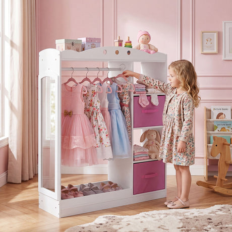 Kids Dress Up Storage Shelf with Mirror and Hanging Rod for Toddler Clothes