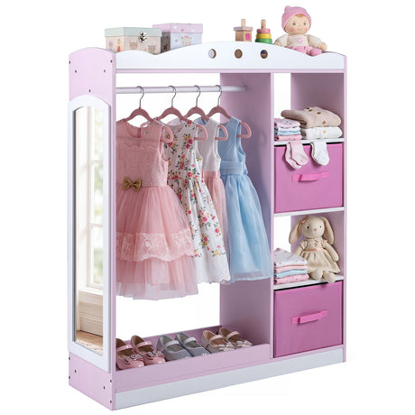 Kids Dress Up Storage Shelf with Mirror and Hanging Rod for Toddler Clothes