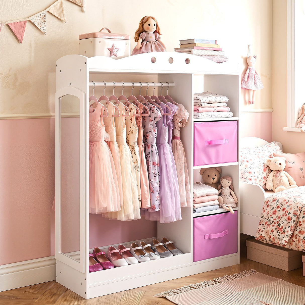 Kids Dress Up Storage Shelf with Mirror and Hanging Rod for Toddler Clothes
