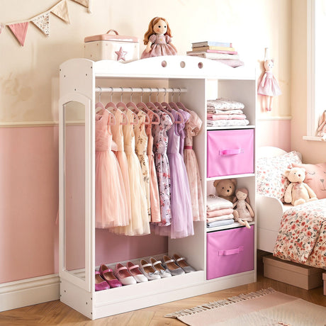 Kids Dress Up Storage Shelf with Mirror and Hanging Rod for Toddler Clothes