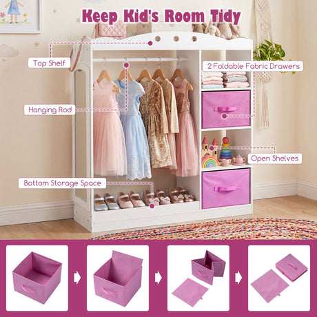 Kids Dress Up Storage Shelf with Mirror and Hanging Rod for Toddler Clothes