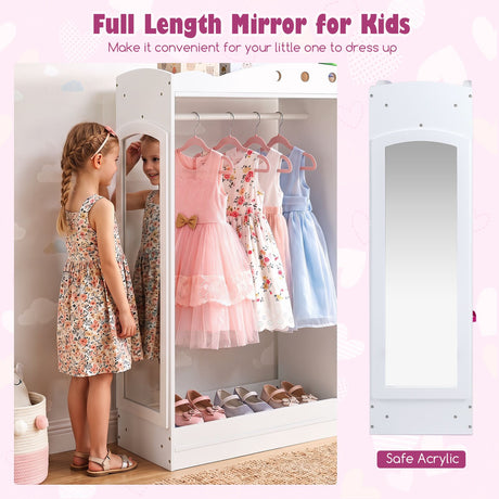 Kids Dress Up Storage Shelf with Mirror and Hanging Rod for Toddler Clothes
