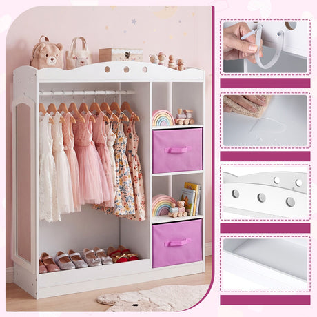 Kids Dress Up Storage Shelf with Mirror and Hanging Rod for Toddler Clothes