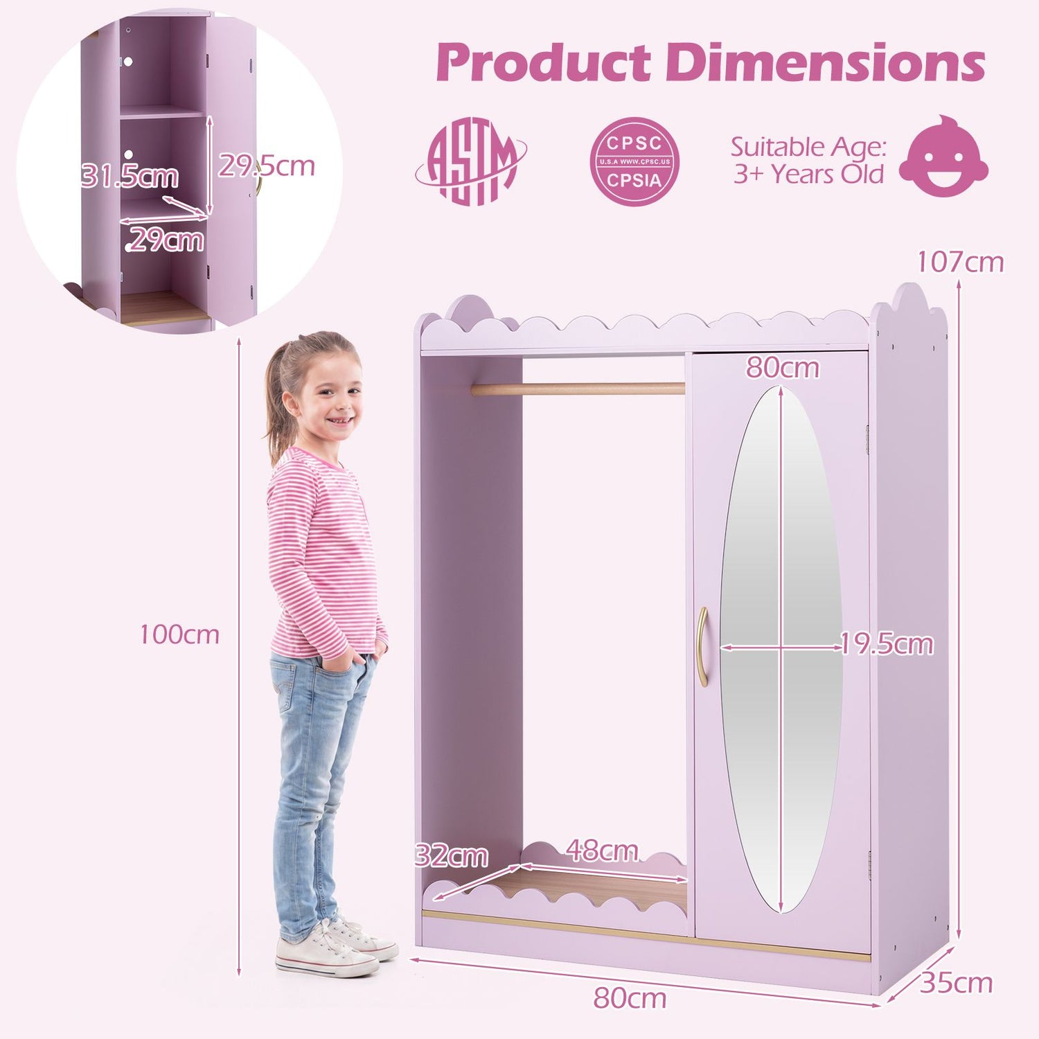 Kids Dress Up Storage Shelf with Full Mirror Hanging Rod and Door Cabinet