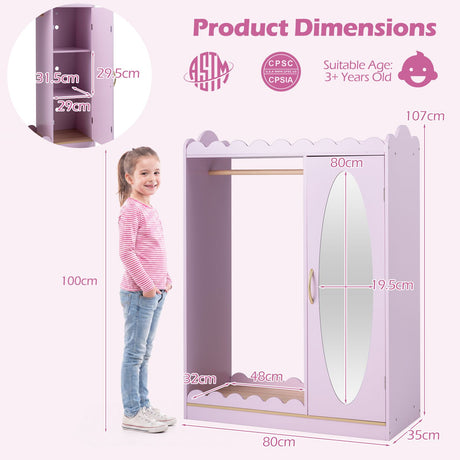 Kids Dress Up Storage Shelf with Full Mirror Hanging Rod and Door Cabinet