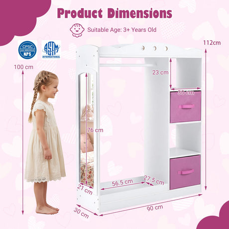 Kids Dress Up Storage Shelf with Mirror and Hanging Rod for Toddler Clothes