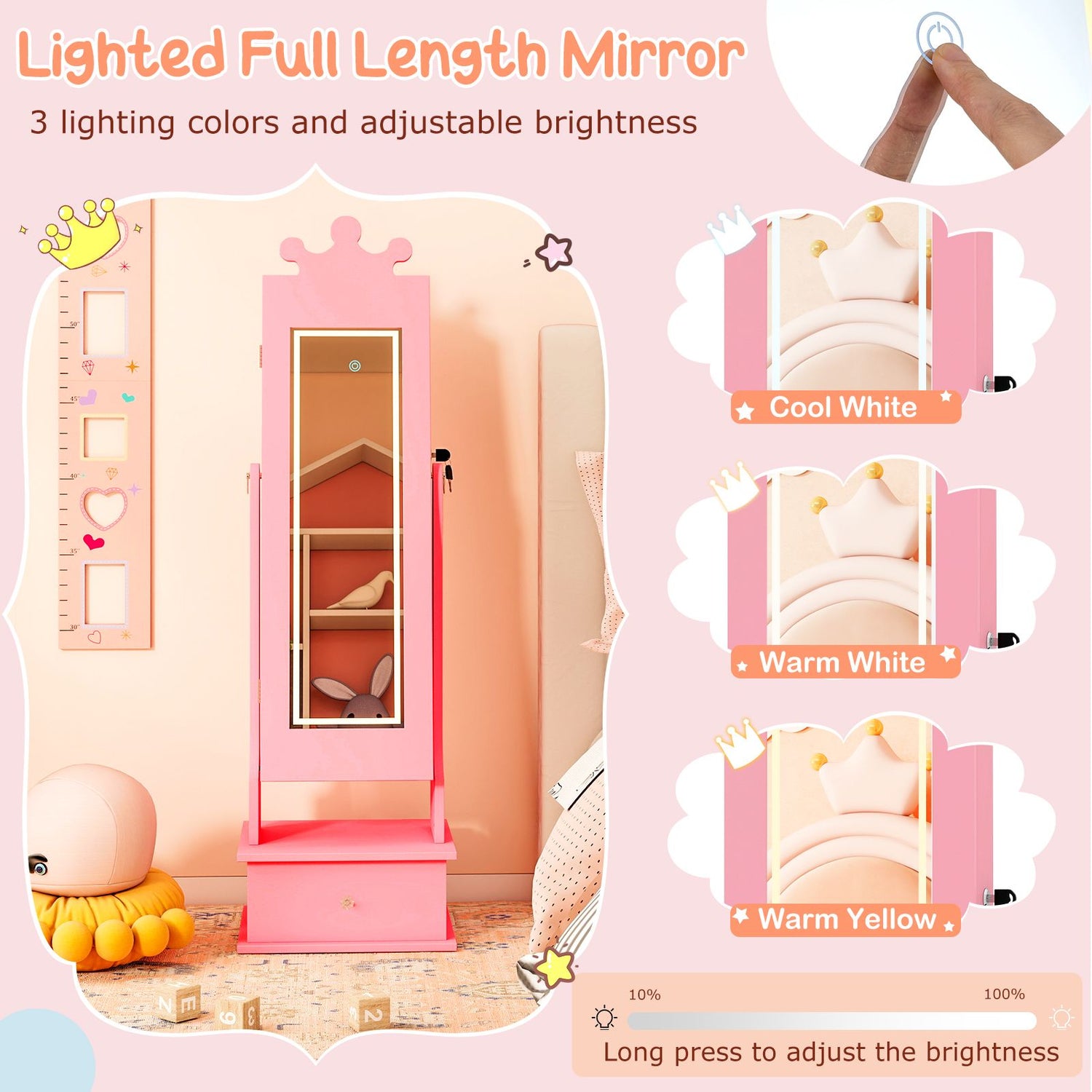 Kids Jewelry Cabinet with 2 Tilt Angles and 4 Sensor Lights