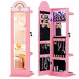 Pink jewelry armoire with mirror and storage compartments on a white background