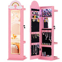 Pink jewelry armoire with mirror and storage compartments on a white background