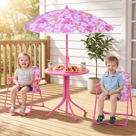 Kids Picnic Table with 2 Folding Chairs and Height Adjustable Umbrella for Garden