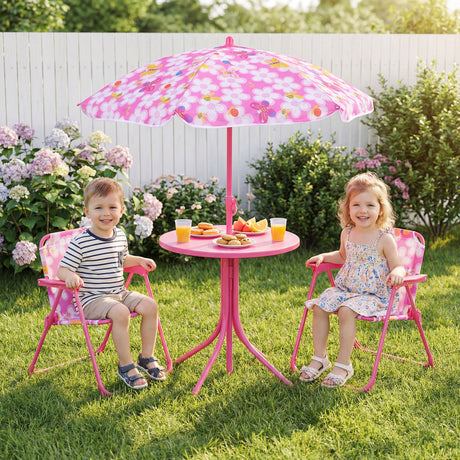 Kids Picnic Table with 2 Folding Chairs and Height Adjustable Umbrella for Garden