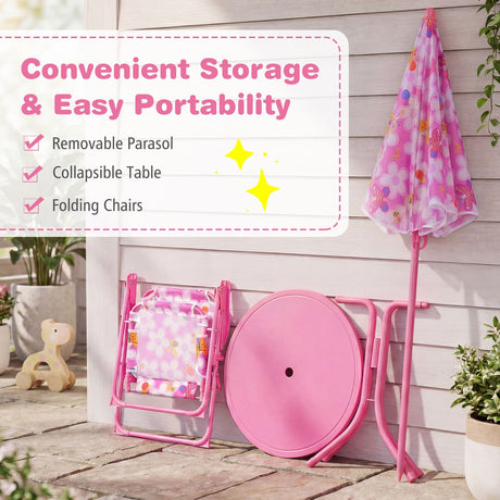 Kids Picnic Table with 2 Folding Chairs and Height Adjustable Umbrella for Garden