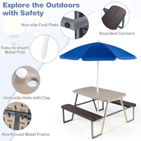 Kids Picnic Table with Benches and Umbrella Seats 4 for Lawn Garden Patio