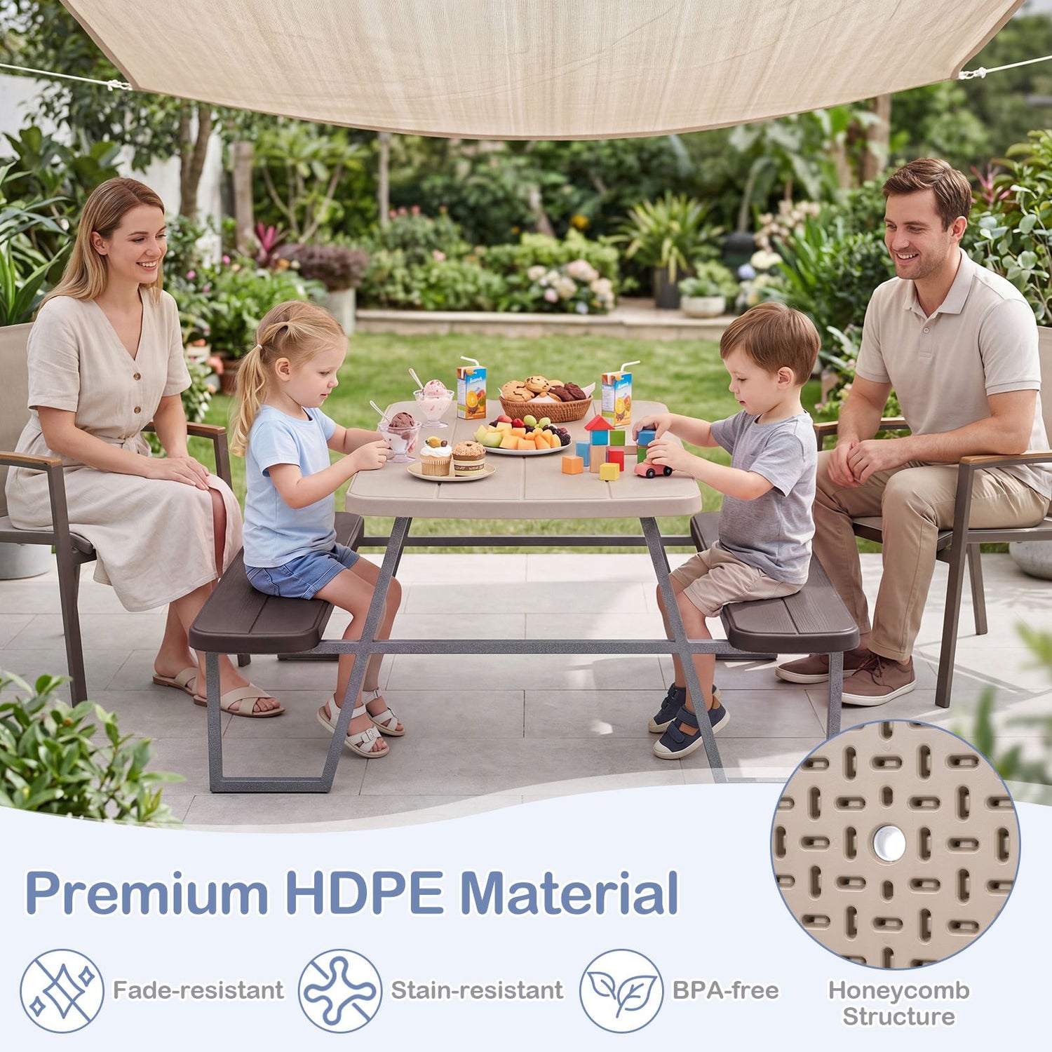 Kids Picnic Table with Benches and Umbrella Seats 4 for Lawn Garden Pa – Babyjoy