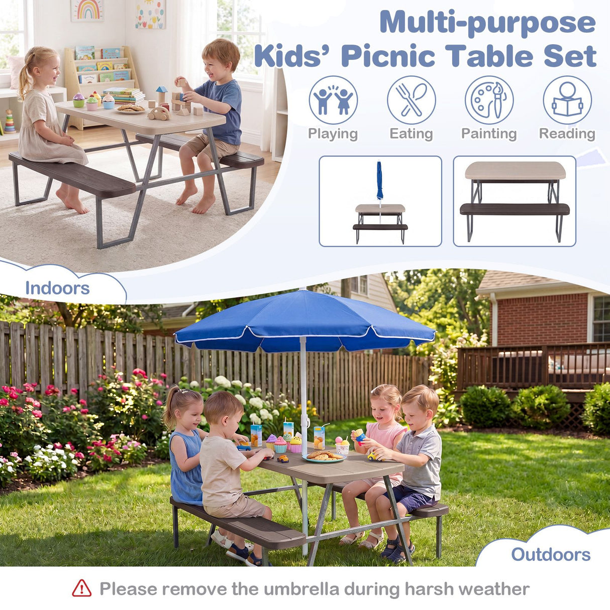 Kids Picnic Table with Benches and Umbrella Seats 4 for Lawn Garden Patio