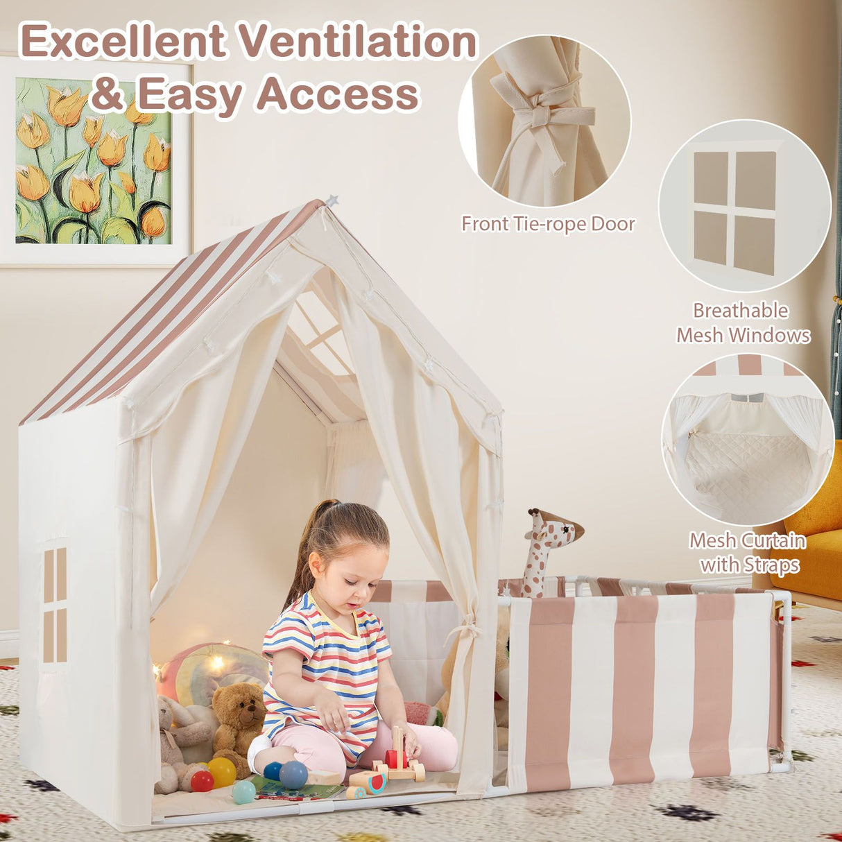 2-in-1 Kids Play Tent with Playpen and Washable Cotton Mat