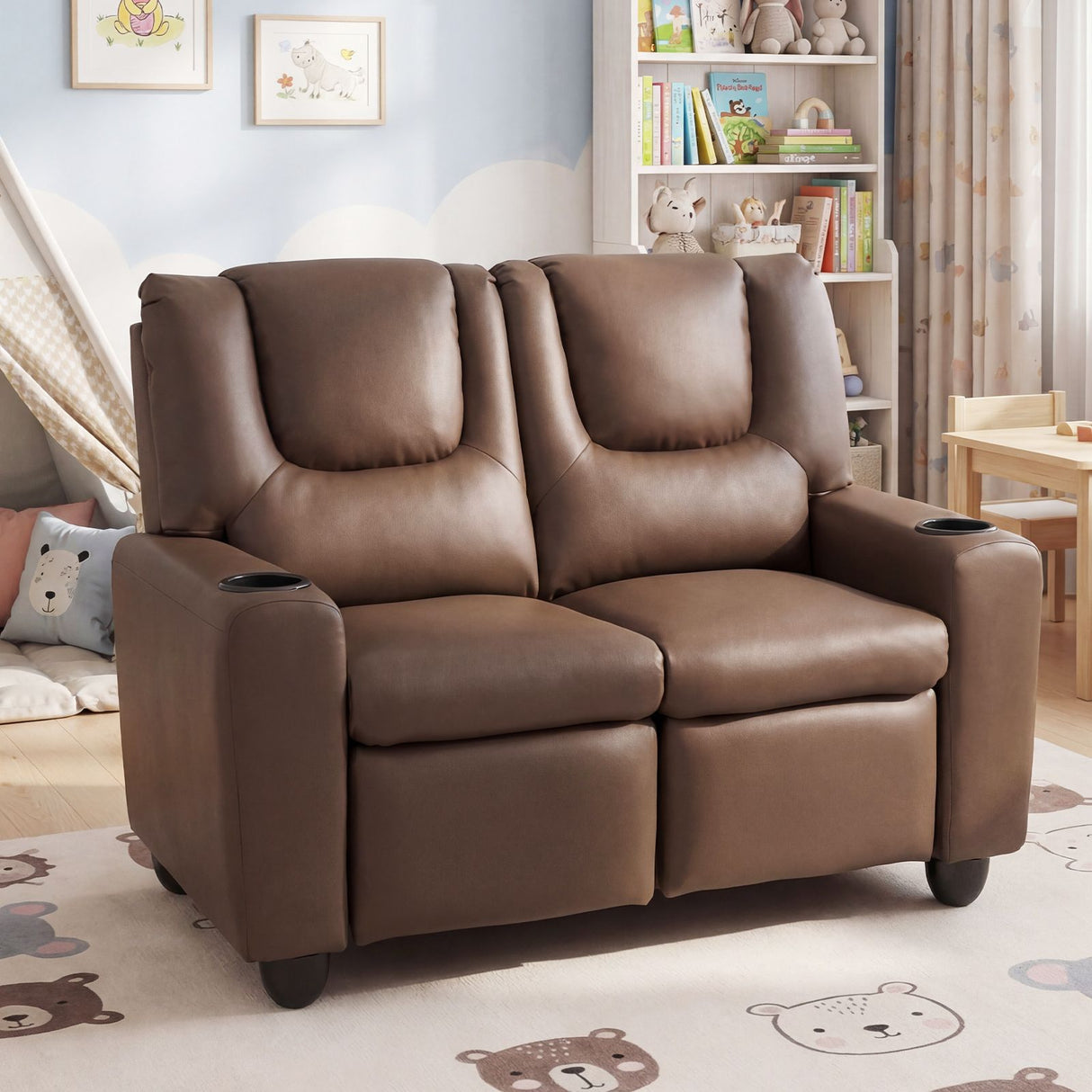 2-Seater Kids Recliner Chair with 2 Cup Holders and 2 Side Storage Pockets