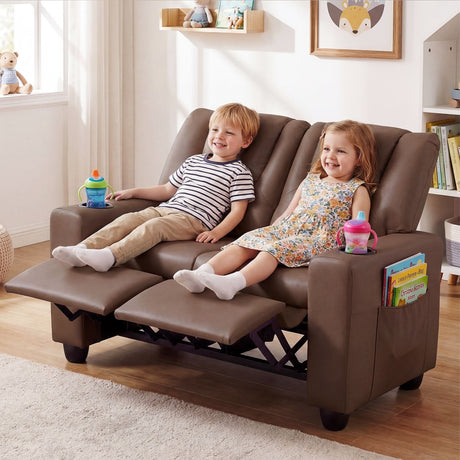2-Seater Kids Recliner Chair with 2 Cup Holders and 2 Side Storage Pockets