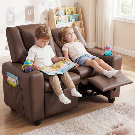 2-Seater Kids Recliner Chair with 2 Cup Holders and 2 Side Storage Pockets