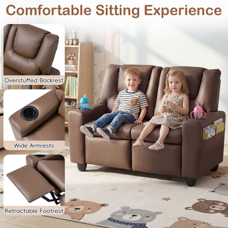 2-Seater Kids Recliner Chair with 2 Cup Holders and 2 Side Storage Pockets
