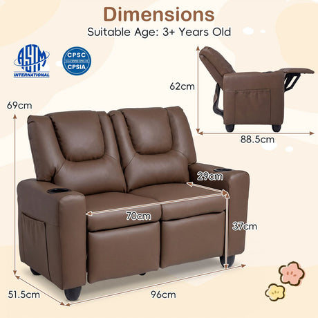 2-Seater Kids Recliner Chair with 2 Cup Holders and 2 Side Storage Pockets