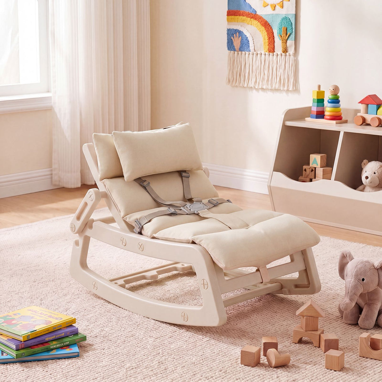 Kids Rocking Chair with Adjustable Backrest & Washable Cushion for 6+ Months