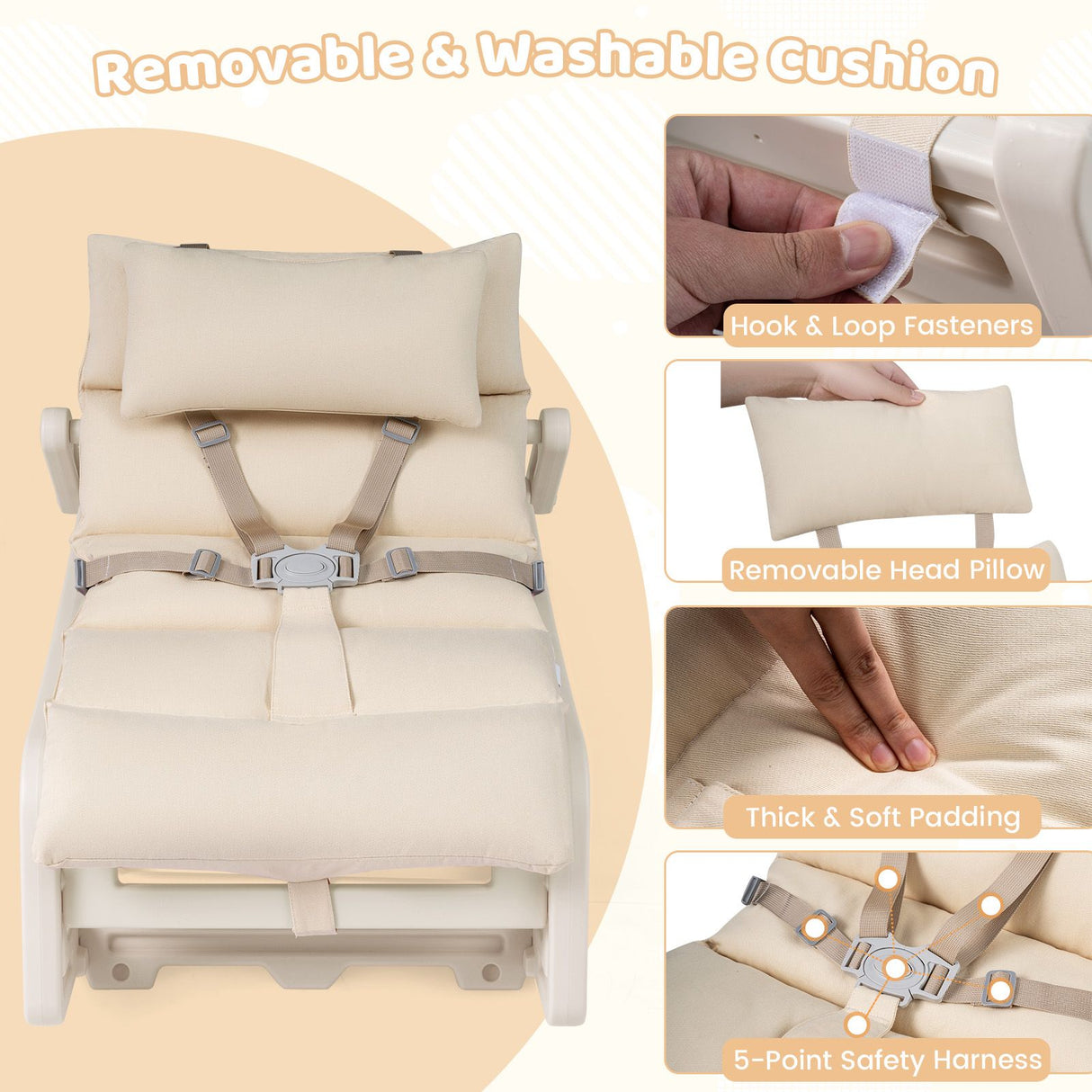Kids Rocking Chair with Adjustable Backrest & Washable Cushion for 6+ Months
