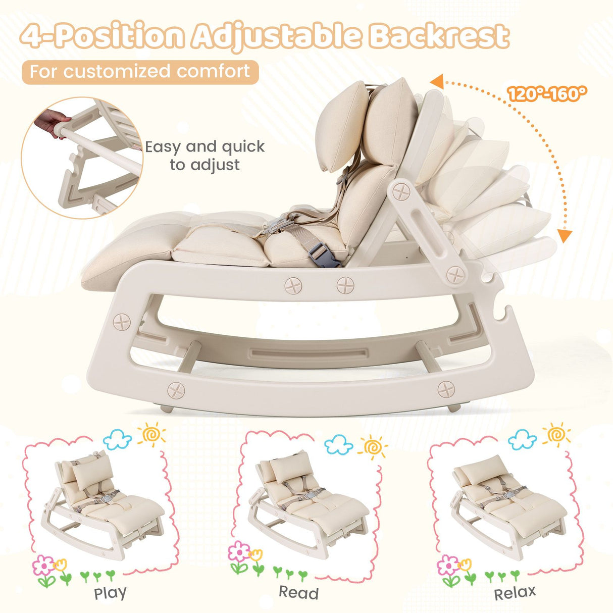 Kids Rocking Chair with Adjustable Backrest & Washable Cushion for 6+ Months