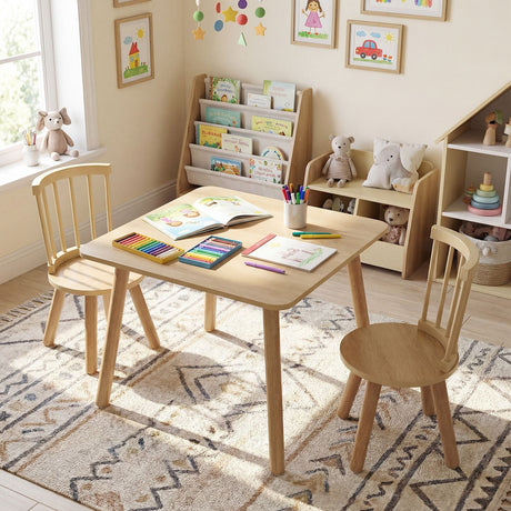 Kids Table and 2 Chairs Set Wooden Activity Table with Curved Spindle Back