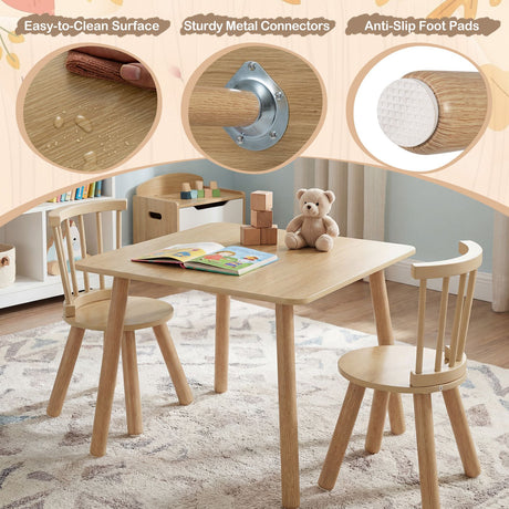 Kids Table and 2 Chairs Set Wooden Activity Table with Curved Spindle Back