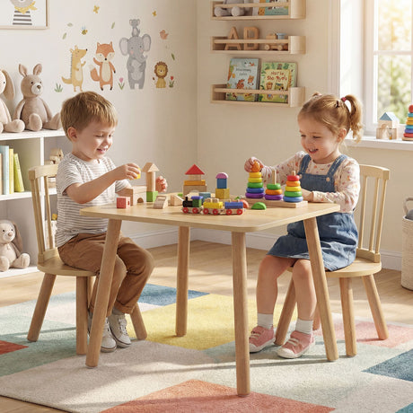 Kids Table and 2 Chairs Set Wooden Activity Table with Curved Spindle Back
