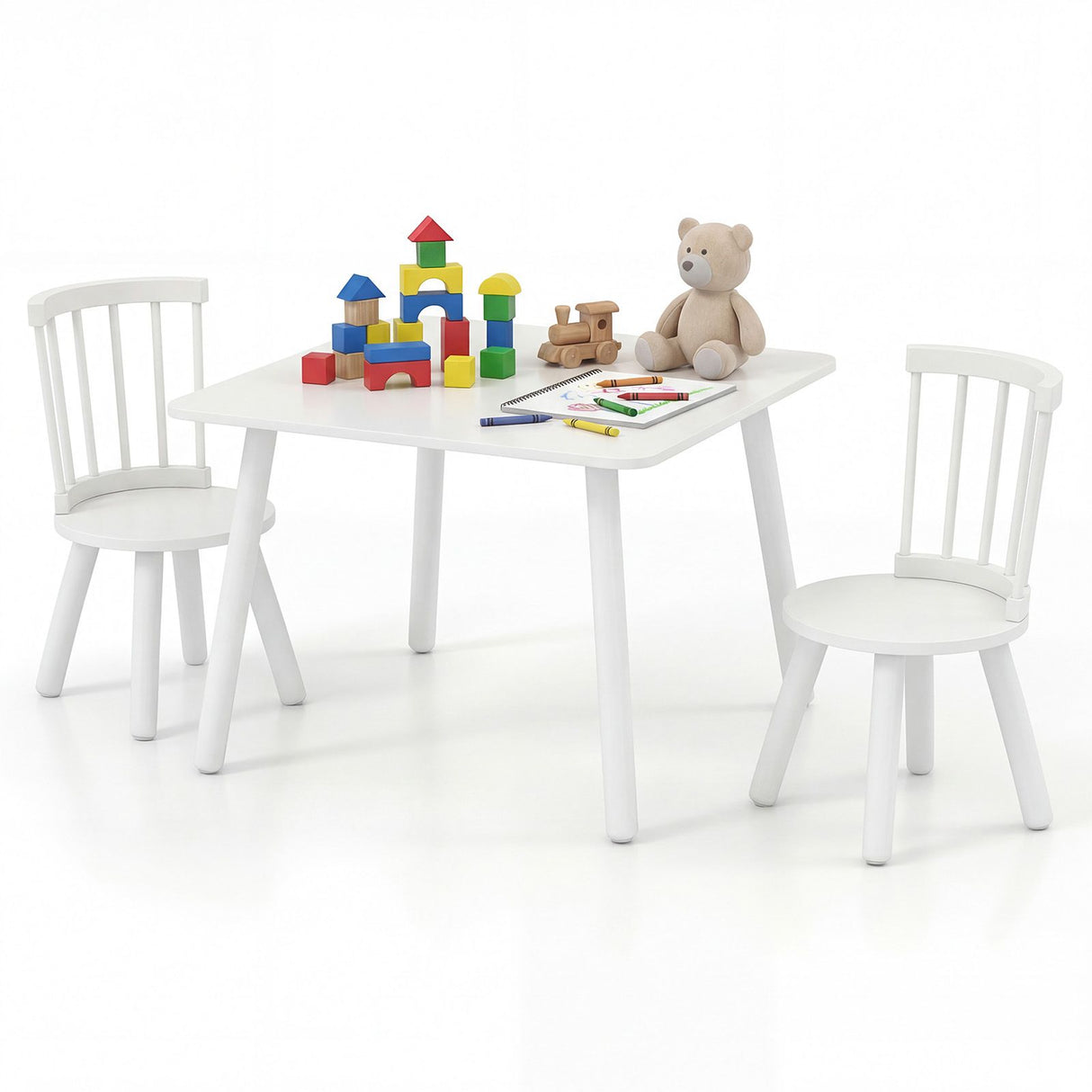 Kids Table and 2 Chairs Set Wooden Activity Table with Curved Spindle Back