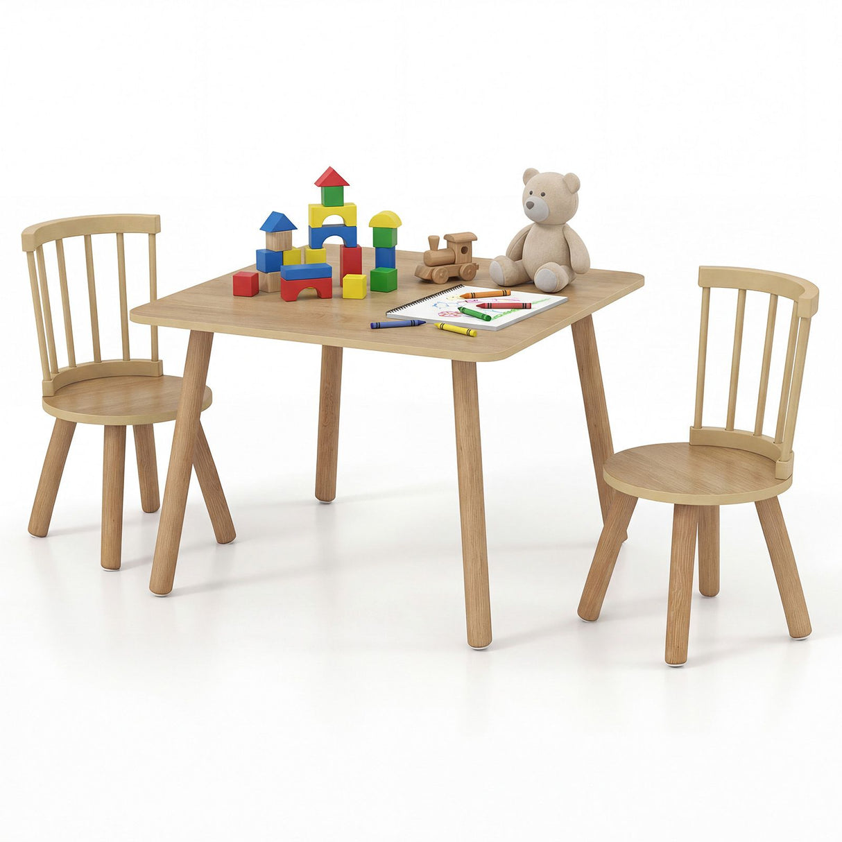 Kids Table and 2 Chairs Set Wooden Activity Table with Curved Spindle Back