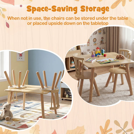 Kids Table and 2 Chairs Set Wooden Activity Table with Curved Spindle Back