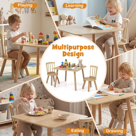 Kids Table and 2 Chairs Set Wooden Activity Table with Curved Spindle Back