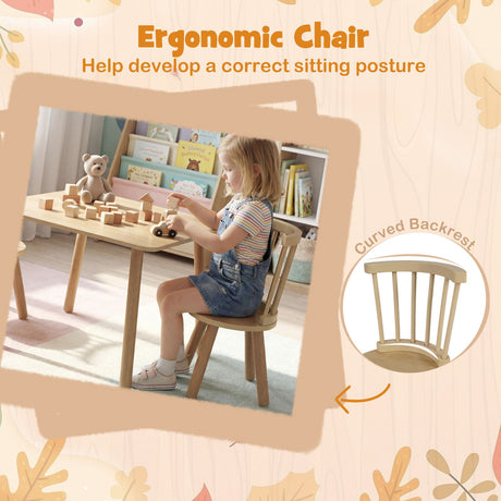 Kids Table and 2 Chairs Set Wooden Activity Table with Curved Spindle Back