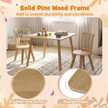 Kids Table and 2 Chairs Set Wooden Activity Table with Curved Spindle Back