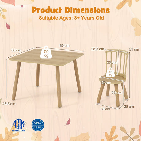 Kids Table and 2 Chairs Set Wooden Activity Table with Curved Spindle Back