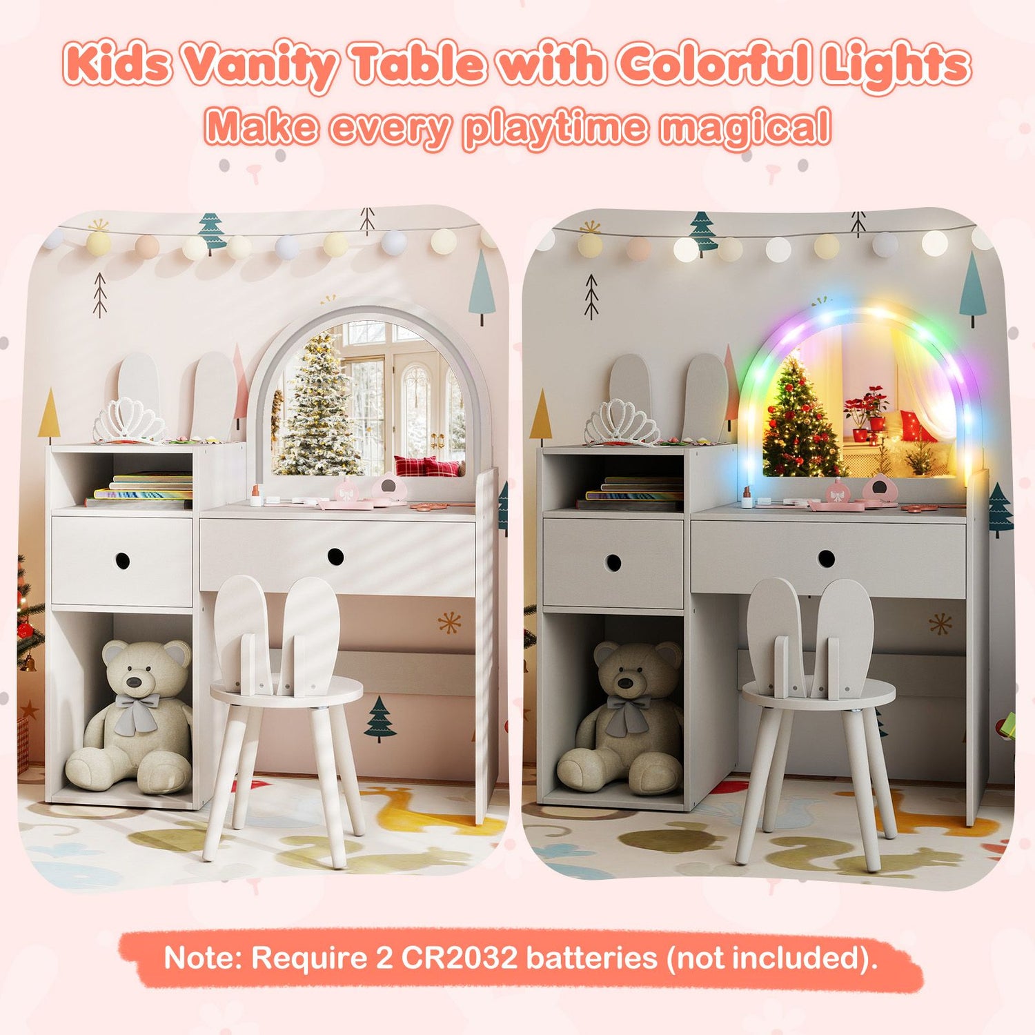 Children's vanity table with colorful lights and a teddy bear on a colorful rug.