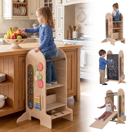 Toddler Learning Tower with Adjustable Height Chalkboard Slide and Safety Rails