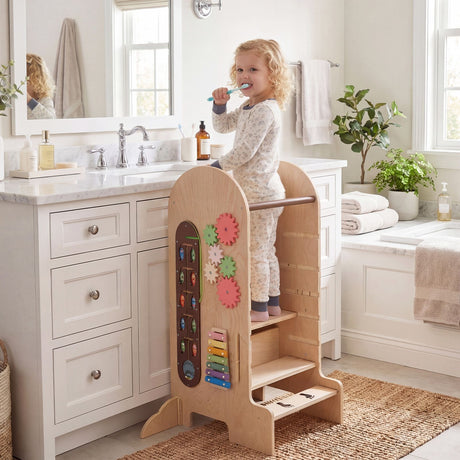 Toddler Learning Tower with Adjustable Height Chalkboard Slide and Safety Rails
