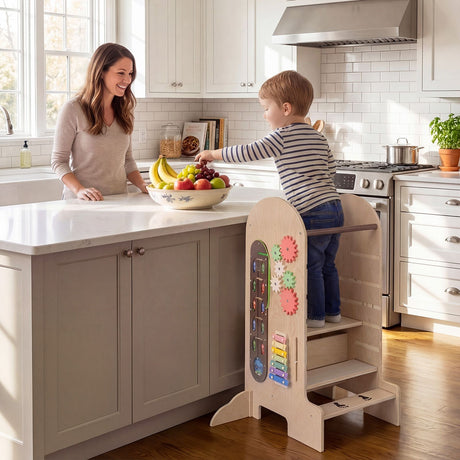 Toddler Learning Tower with Adjustable Height Chalkboard Slide and Safety Rails