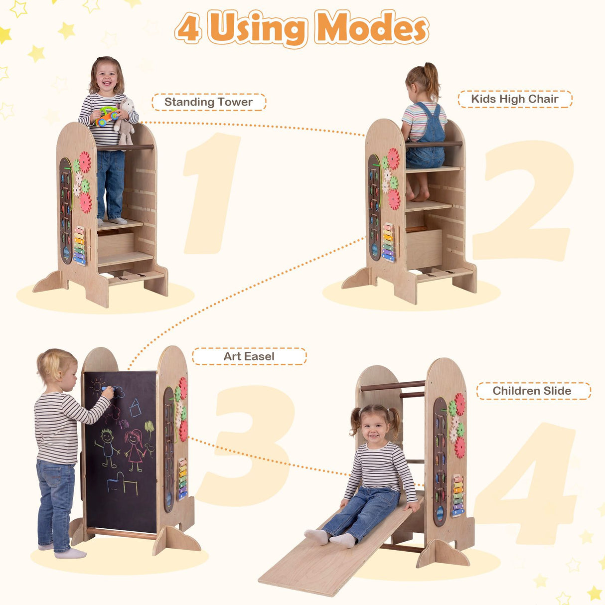 Toddler Learning Tower with Adjustable Height Chalkboard Slide and Safety Rails