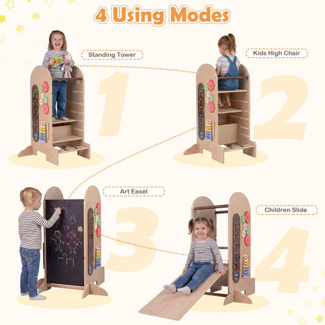 Toddler Learning Tower with Adjustable Height Chalkboard Slide and Safety Rails