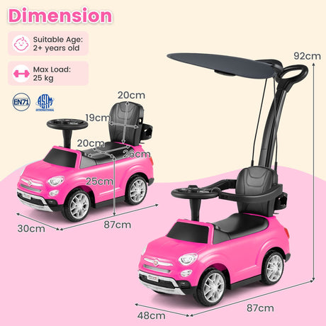 Licensed FIAT 3-in-1 Toddler Ride on Push Car with Canopy