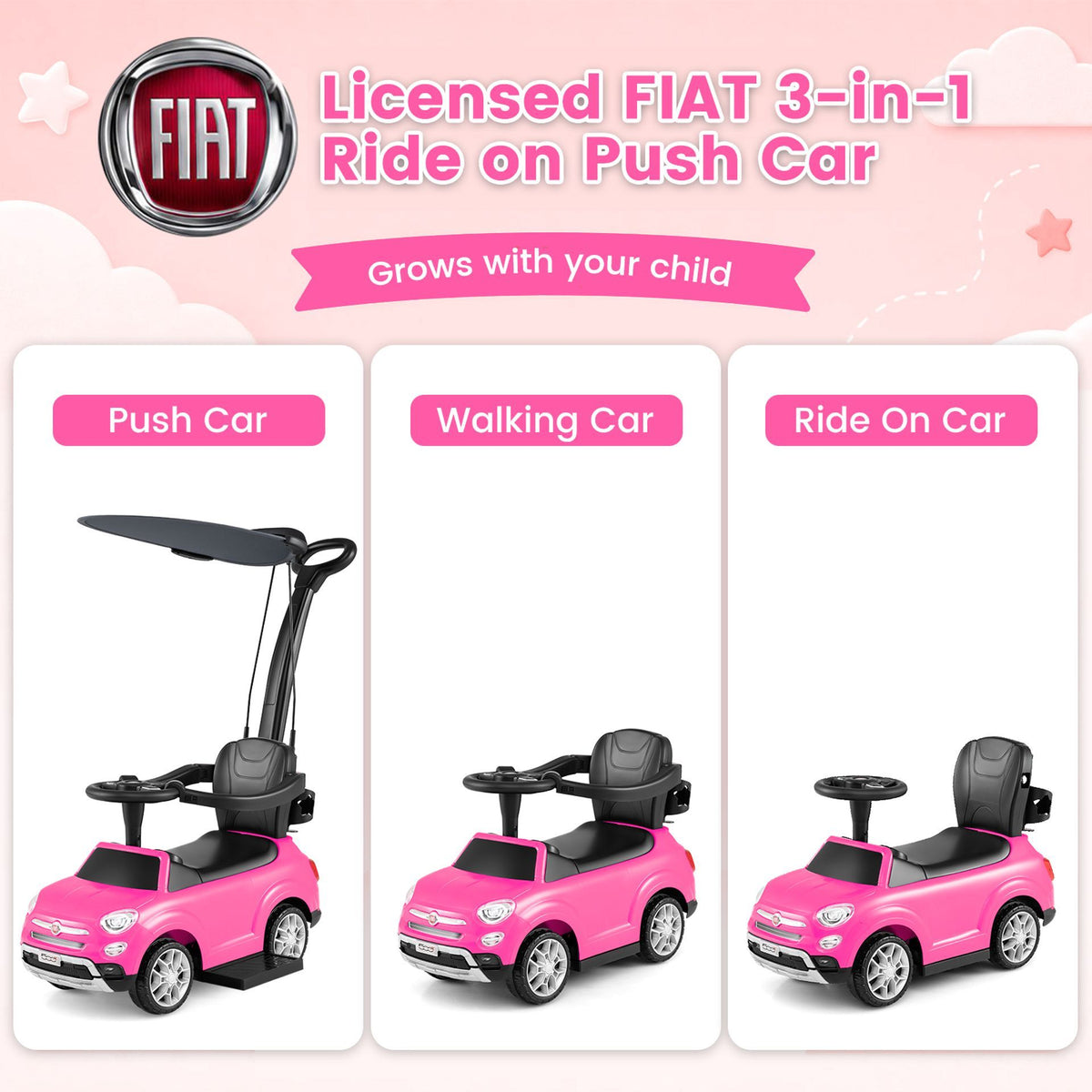 Licensed FIAT 3-in-1 Toddler Ride on Push Car with Canopy