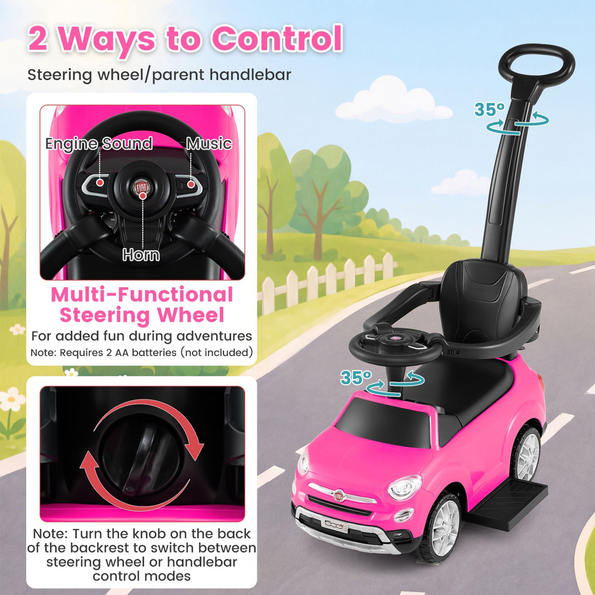 Licensed FIAT 3-in-1 Toddler Ride on Push Car with Canopy