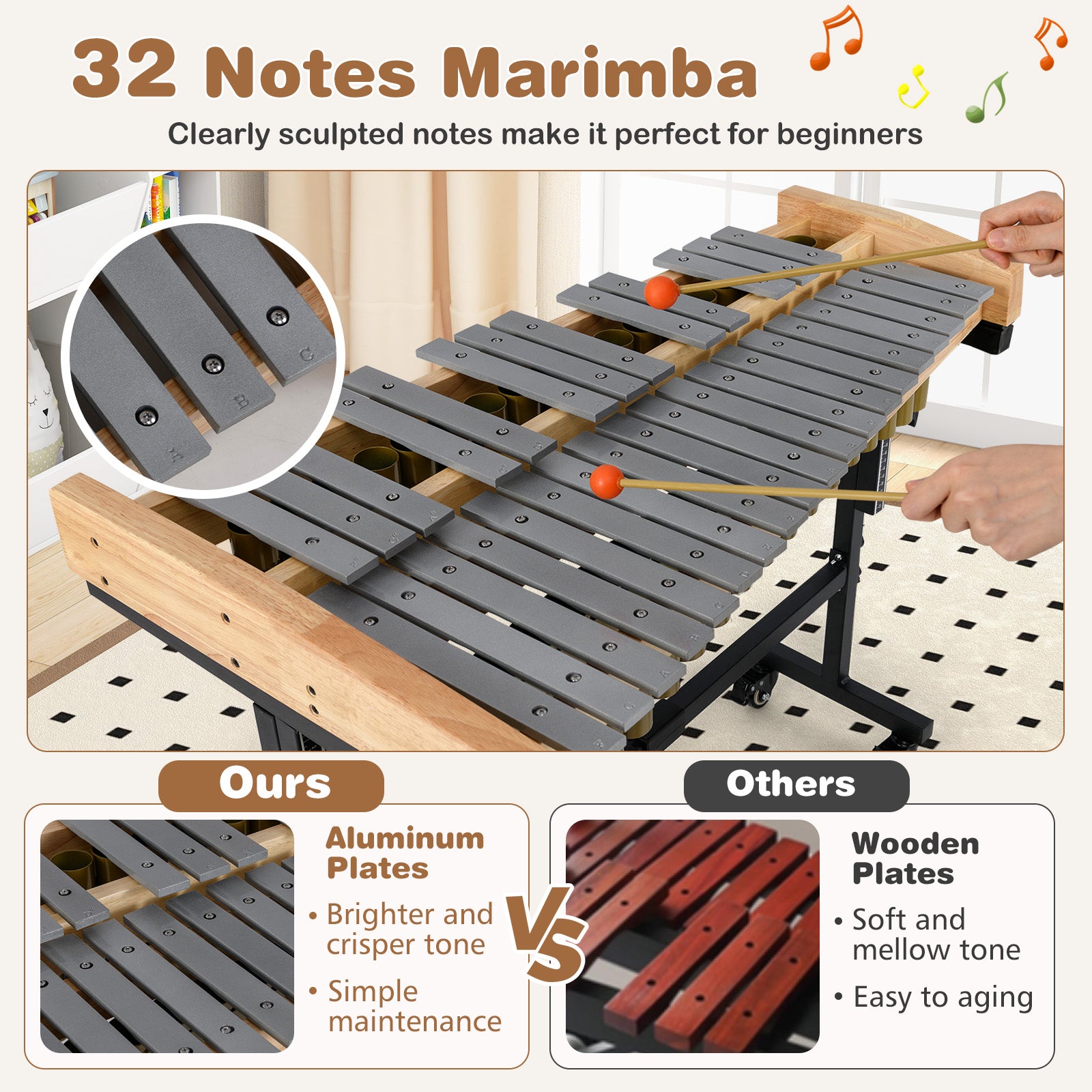 32 Note Marimba, Aluminum Xylophone, Adjustable Stand & Lockable